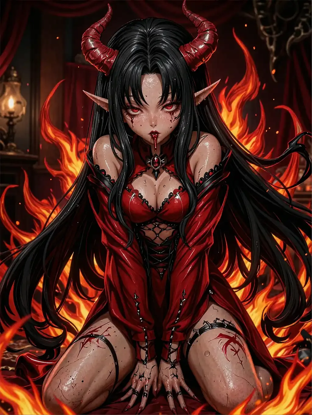 Fictional anime character Tomoe, illustrated as a horned demon in red latex against a wall of flame