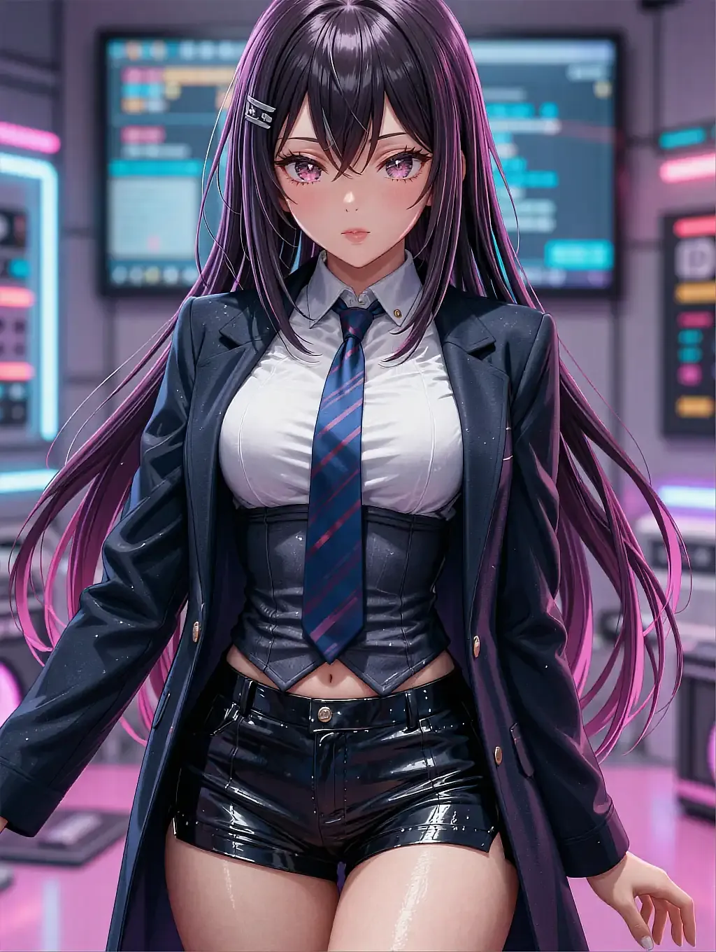 Fictional anime character Setsuna, illustrated in a dark blazer and tie in front of glowing control-room monitors