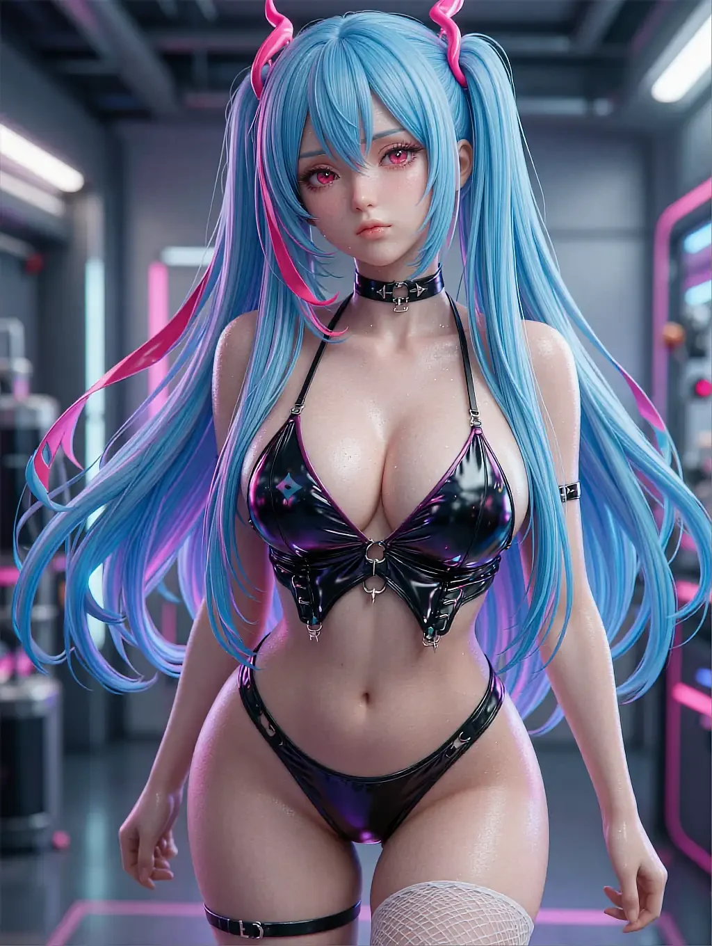 Fictional anime character Misaki, illustrated with blue twin-tails and small pink horns in a futuristic room