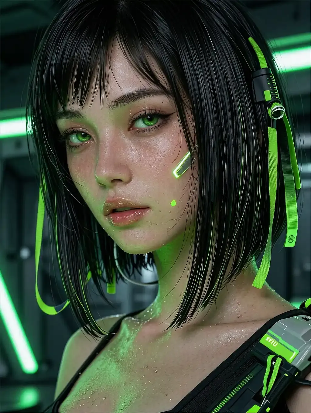 Fictional anime character Wakana, illustrated in close-up with dark hair and glowing green cyber accents