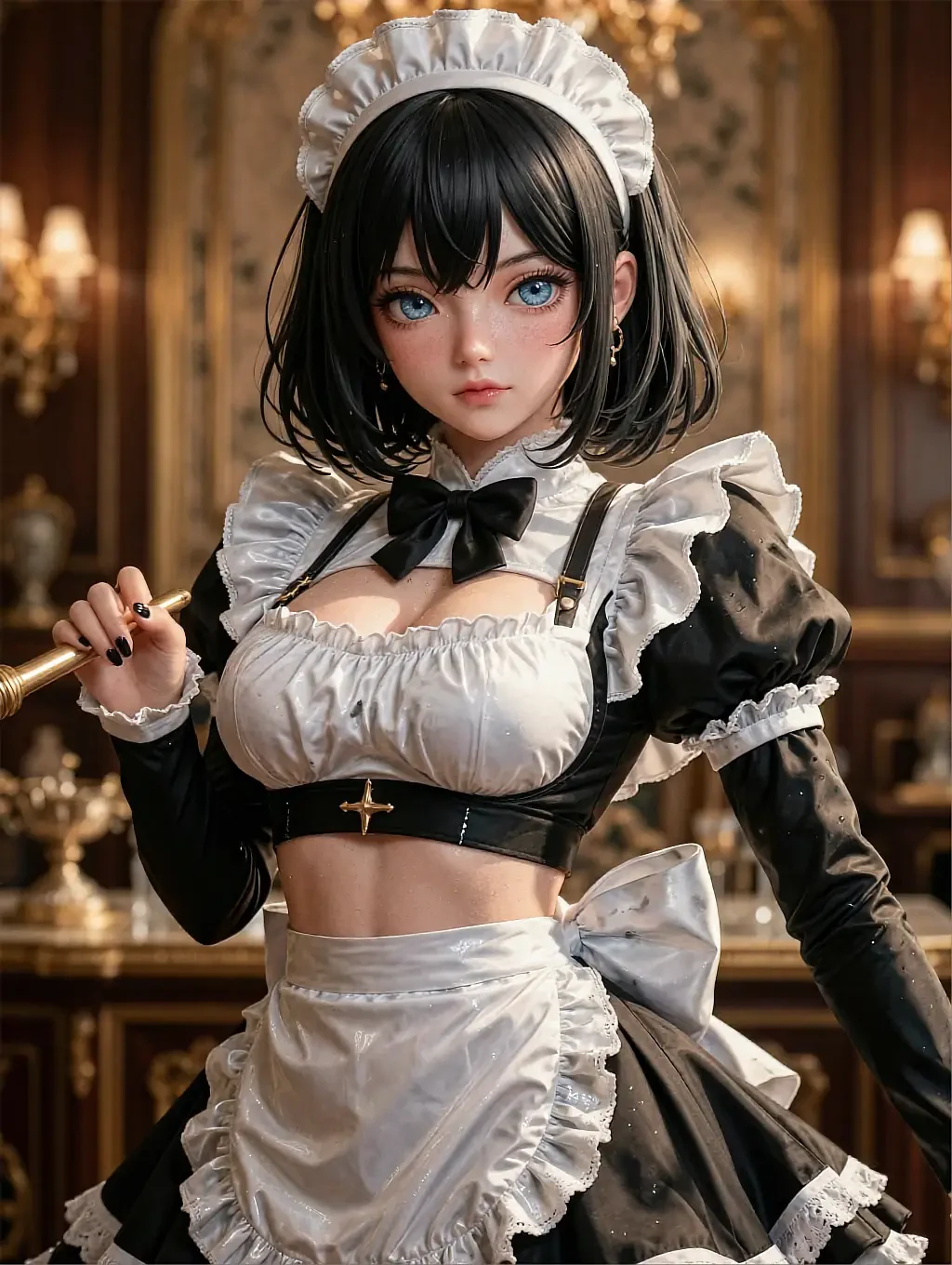 Fictional anime character Kasumi, illustrated in a frilled maid outfit inside an ornate gold-trimmed room