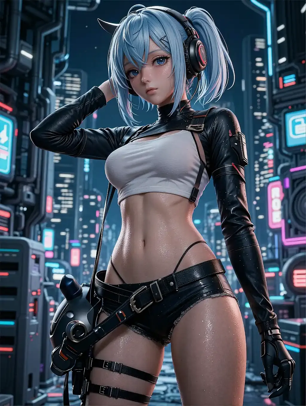 Fictional anime character Yukiko, illustrated in dark cyber gear kneeling against a neon city skyline