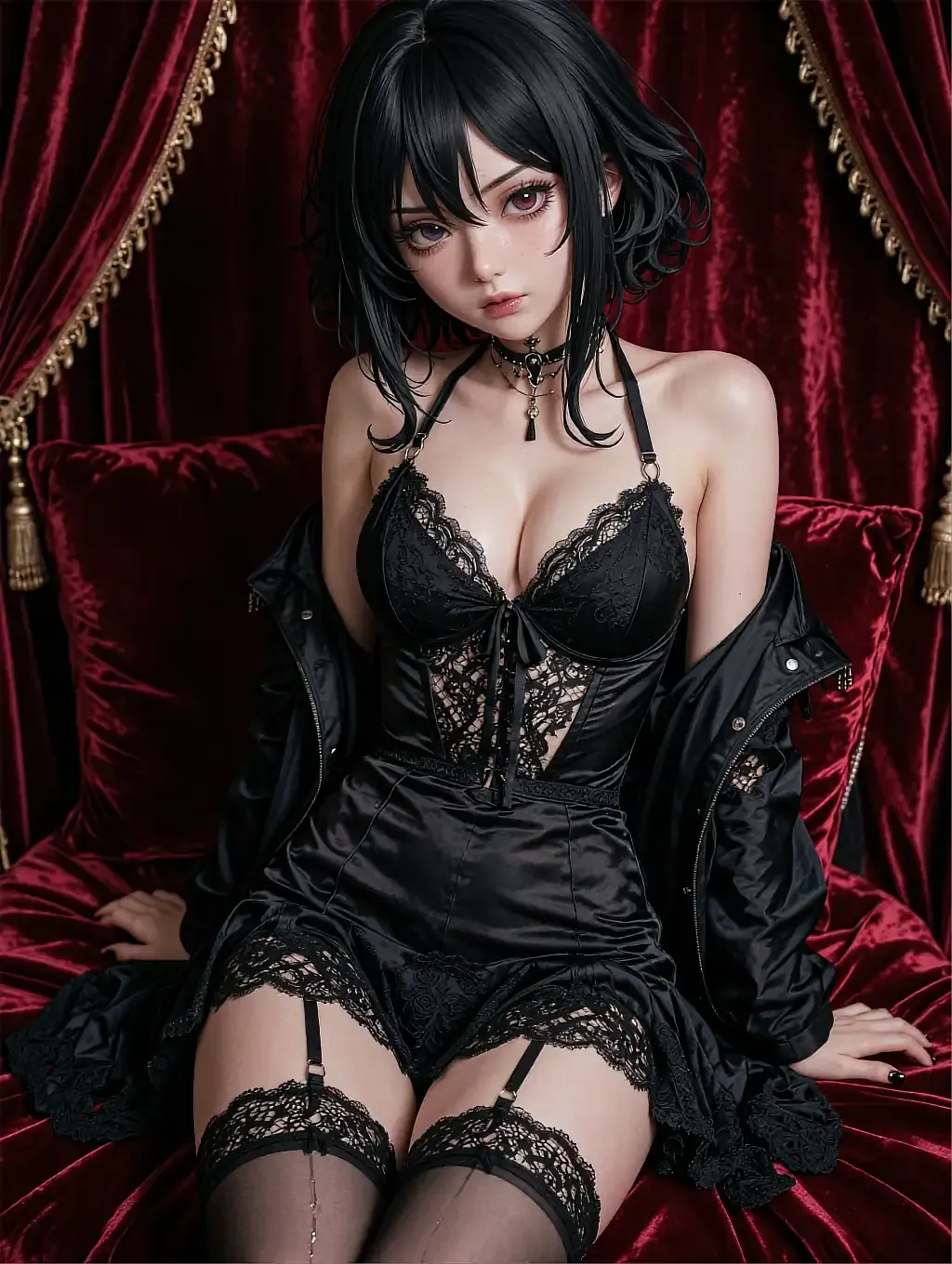 Fictional anime character Sumire, illustrated in black lace against red velvet drapery