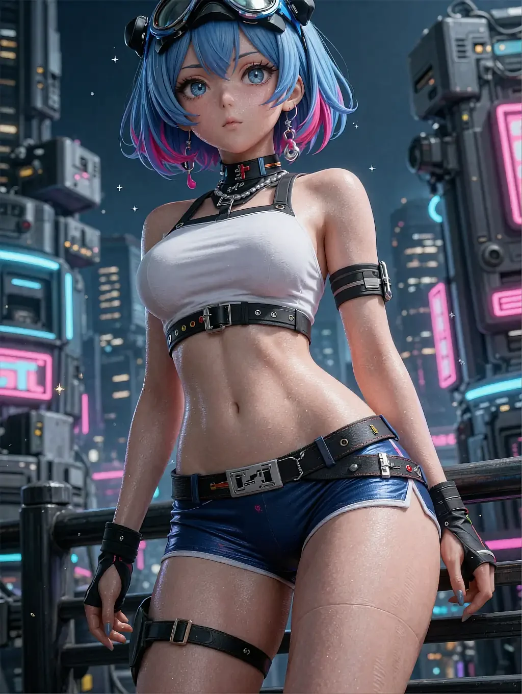 Fictional anime character Hinata, illustrated with sky-blue hair and goggles on a night-lit rooftop railing