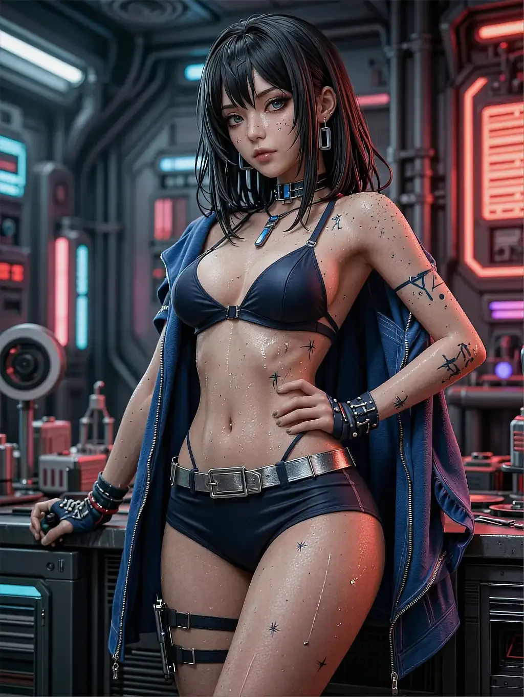 Fictional anime character Natsuki, illustrated in a dark bodysuit inside a glowing tech laboratory