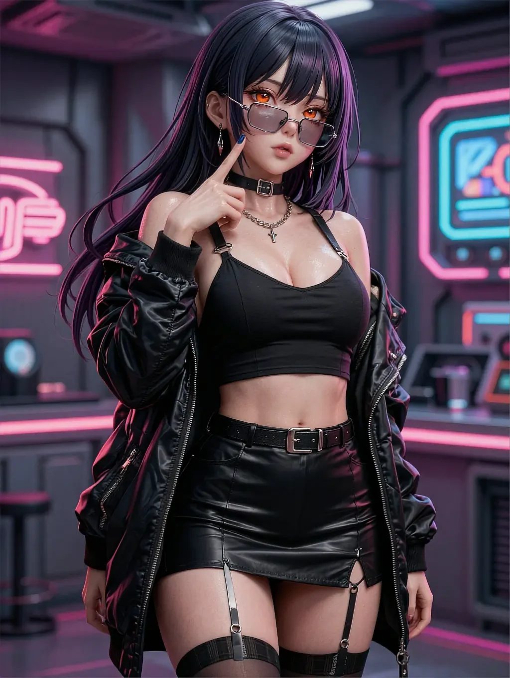 Fictional anime character with long violet hair and sunglasses, illustrated in a neon-lit cyberpunk lounge